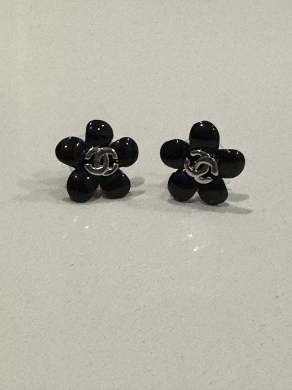 CHANEL Black Camellia CC Flower Stud Earrings